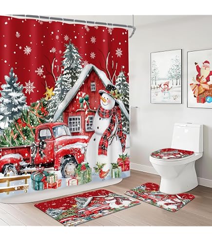 Christmas Shower Curtain 72x72 - Red Truck & Snowflake Design, Waterproof Polyester - Festive Bathroom Decor With Hooks - View #2