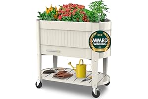 Permasteel Raised Garden Bed with Legs, 40×20×37 in, Ivory Planter Box with EnGrow™ TrueSoil™ Technology for Vegetables, Flowers, Herbs, and Fruit, Outdoor Indoor, Storage Shelf