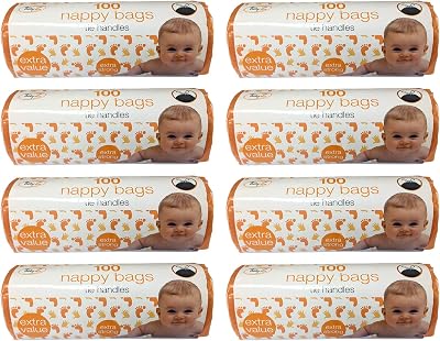 Tidyz TidyZ Pack of 100 Nappy Bags Thick Strong On A Roll with Tie Handles (800