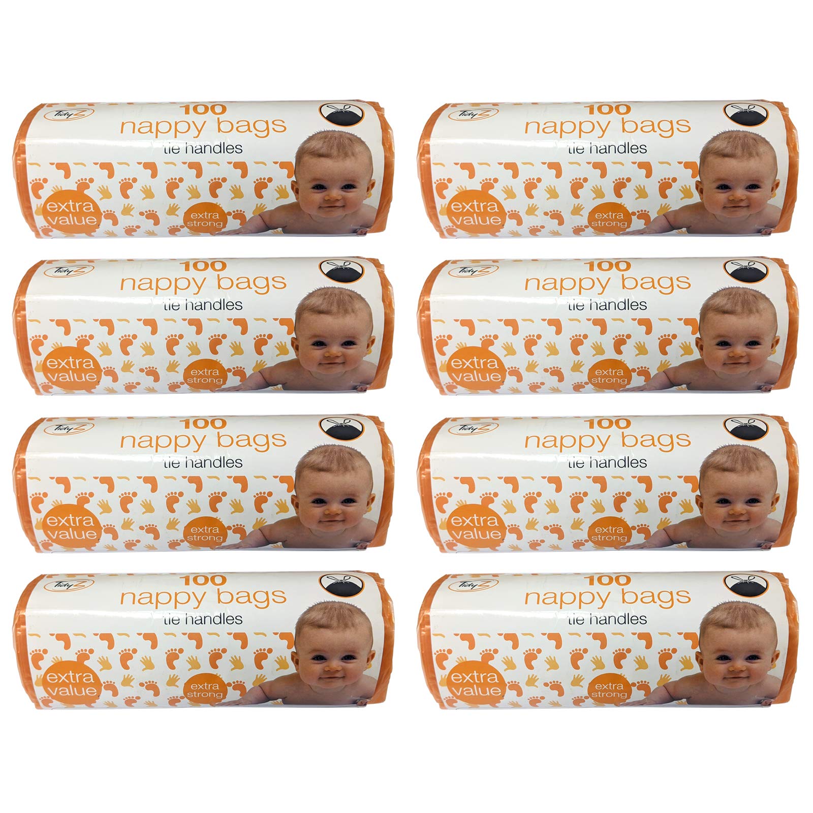 TidyZ Pack of 100 Nappy Bags Thick Strong On A Roll with Tie Handles (800 Bags)