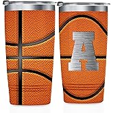 Onebttl Personalized Basketball Gifts for Teen Boys, Men, Coaches, 20oz Stainless Steel Tumbler with Laser Etched Initials for Basketball Players, Lovers, Orange - A