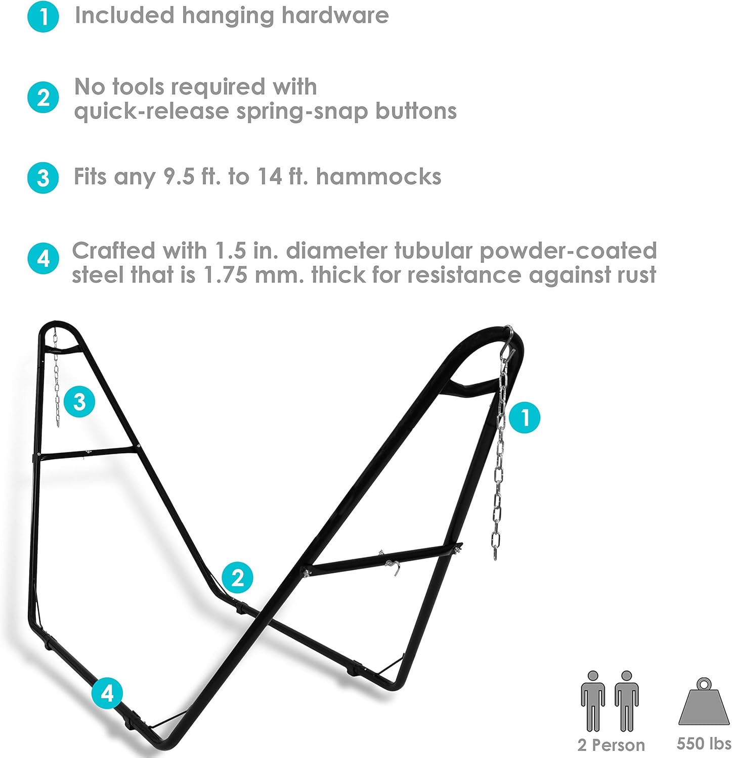 Sunnydaze 550-Pound Capacity Universal Multi-Use Heavy-Duty Steel Hammock Stand, 2 Person, Fits Hammocks 9 to 14 Feet Long, Black : Garden & Outdoor