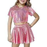 Happy Cherry Girls Metallic Outfit Sequin Hip Hop Dance Shiny Crop Top for Dancing Raves Festivals Metallic Skirt
