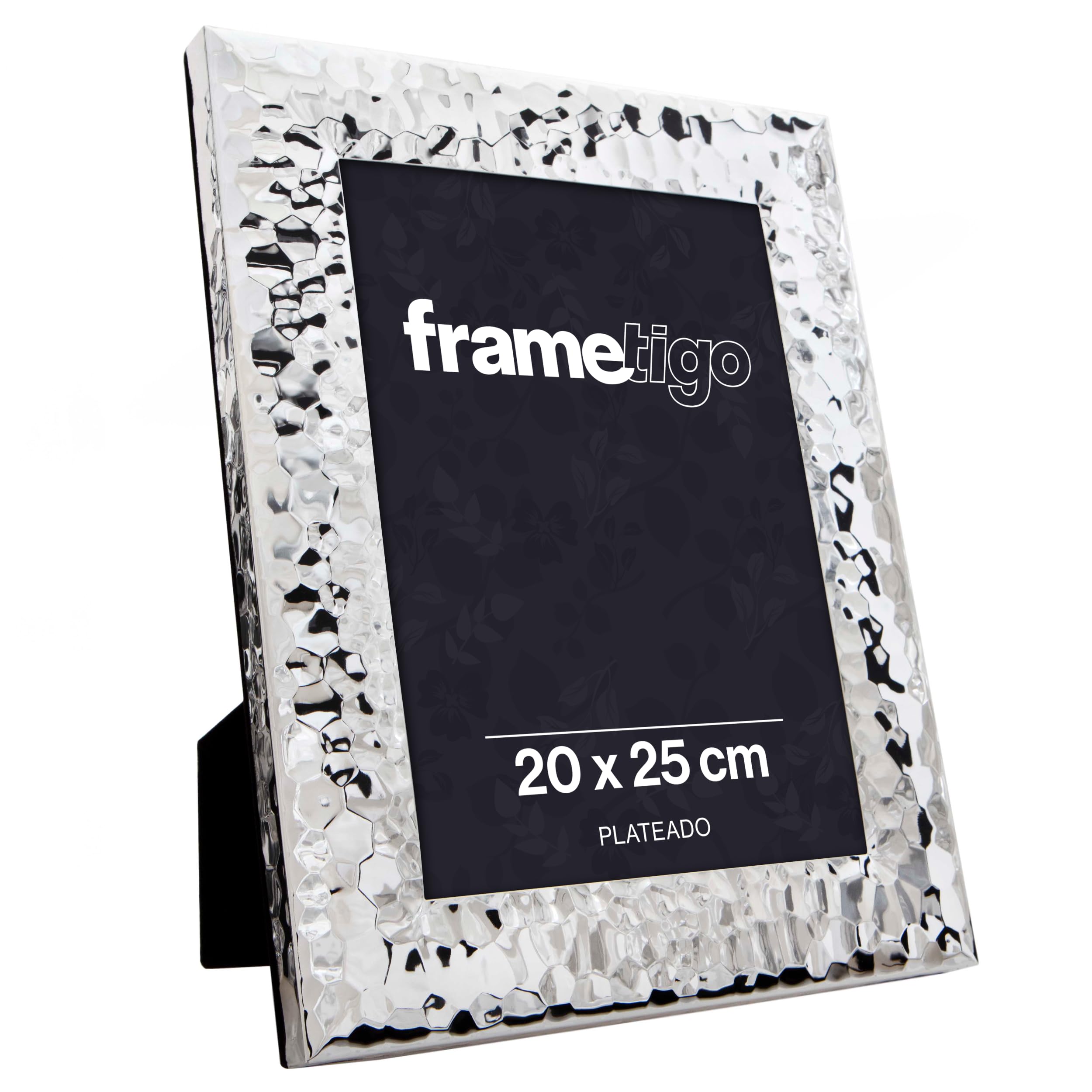Frametigo - Silver Plated Hammered Photo Frame, 8"x10" (20x25cm) Photo Size - Velvet Frame Backing & Stand - Real Glass Window - Tarnish Resistant - Landscape or Portrait Orientation