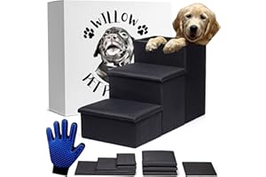 WILLOW PET PRODUCTS Dog Stairs for High Beds or Couch- Foldable Dog Steps W/Storage- Pet Steps for Small Dogs, Medium Dogs, Puppy Stairs- Use as a Dog Window Perch or Cat Stairs for Old Cats- Dog Grooming Glove Included