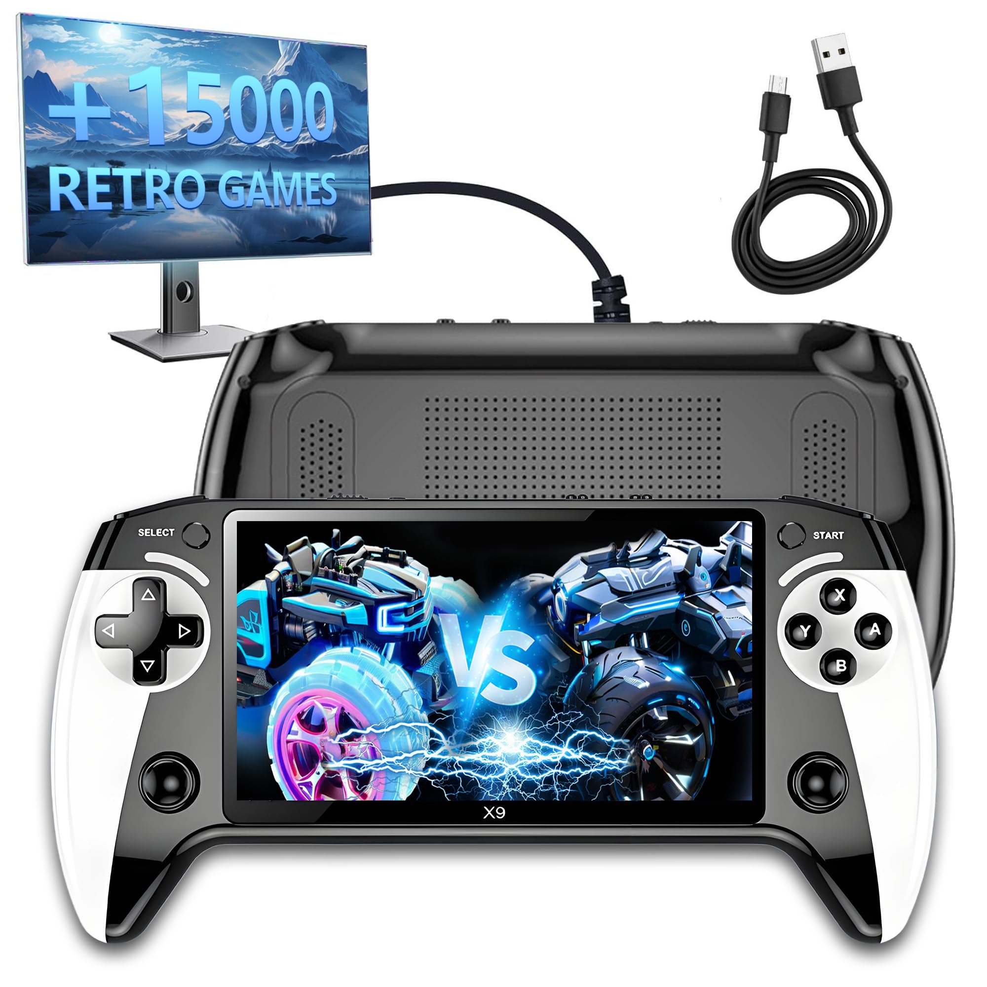 X9 Retro Handheld Game Console with 5.5-inch HD IPS Eye-Protection Screen,Retro Games Console with TXT E-Book,Linux System,TV Output,15000+ Games,External Gamepad,Music,2000mAh Handheld Console
