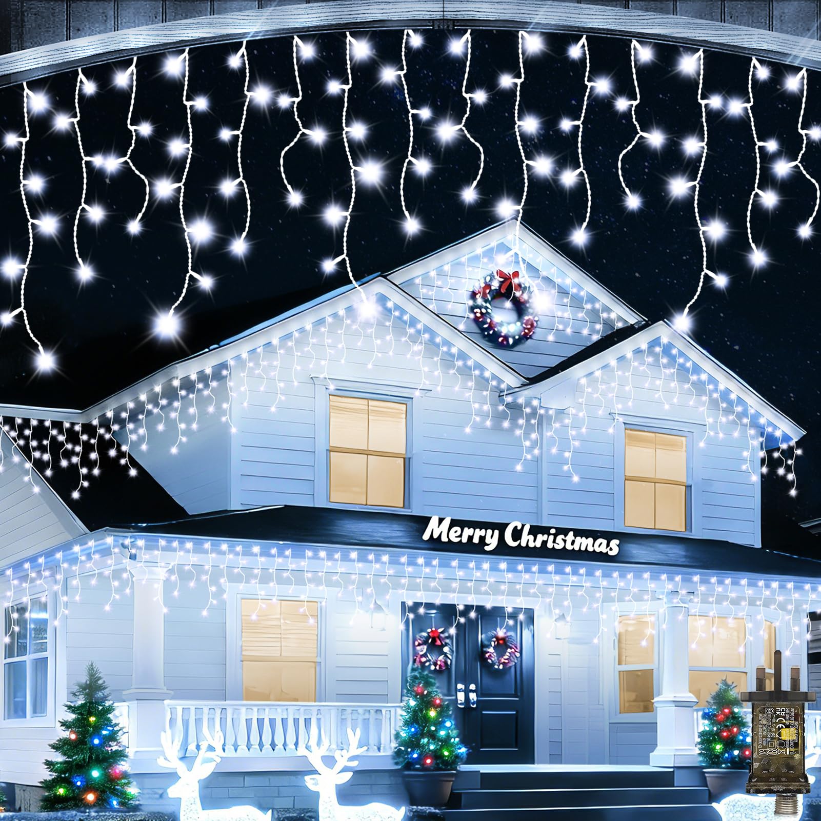 33 FT 320 LED Icicle Christmas Lights Outdoor Decorations Clear Wire String Lights Plug in 60 Drops 8 Modes Timer Connectable Curtain Fairy Lights Waterproof for Holiday Wedding Party-Cool White