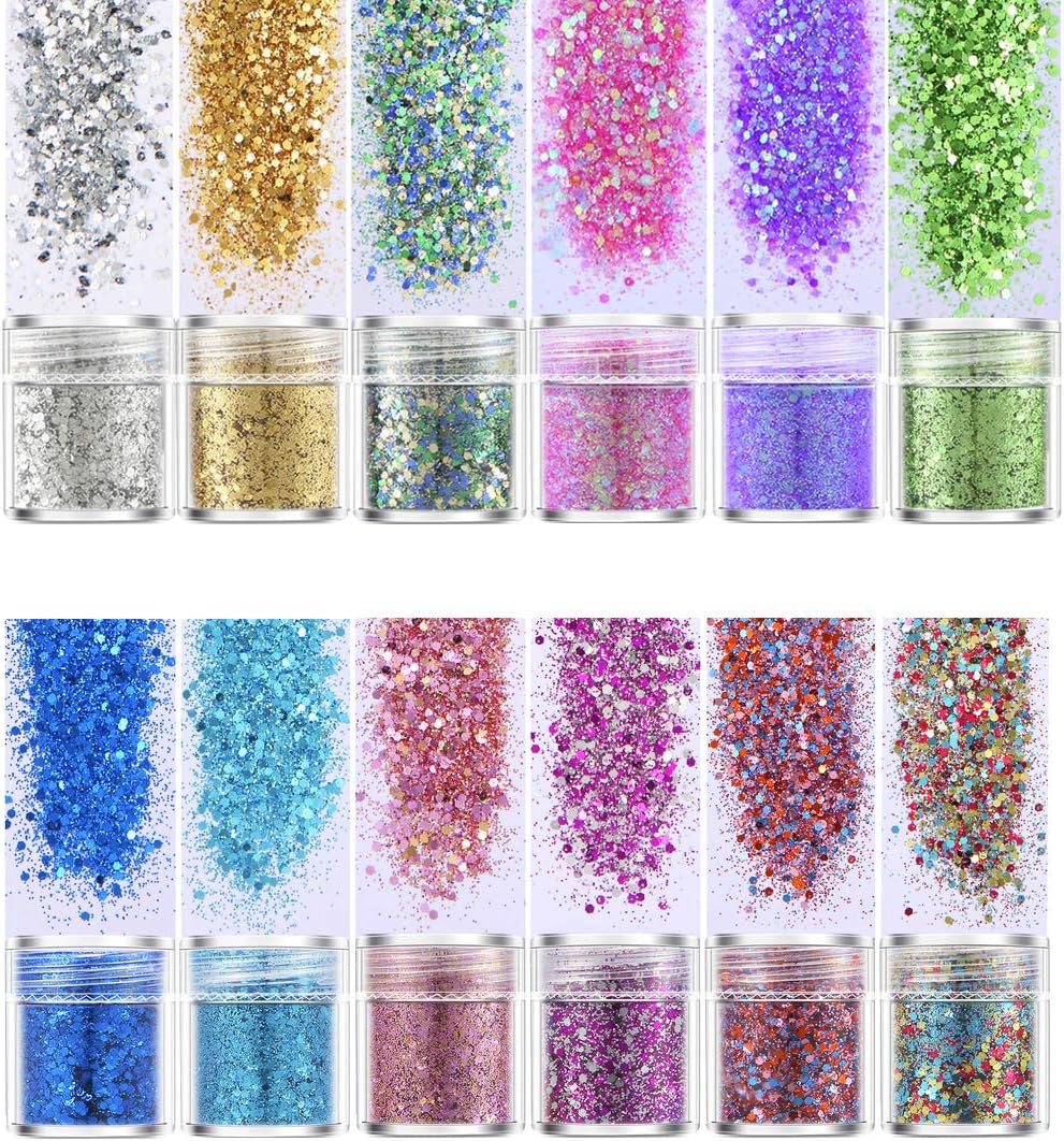 Body Glitter, 12 Boxes Cosmetic Glitter Sparkly for Face Eye Hair Nail,12 Colors Chunky Glitter Make Up Nail Art Body Decoration