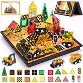 hahaland Mini Magnetic Tiles Travel Construction Toys with Engineering Cars | Magnetic Building Blocks with Vehicles Trucks, Case 2-in-1 Road-Themed Box, Montessori Gifts for 3-6 Year Old Toddler