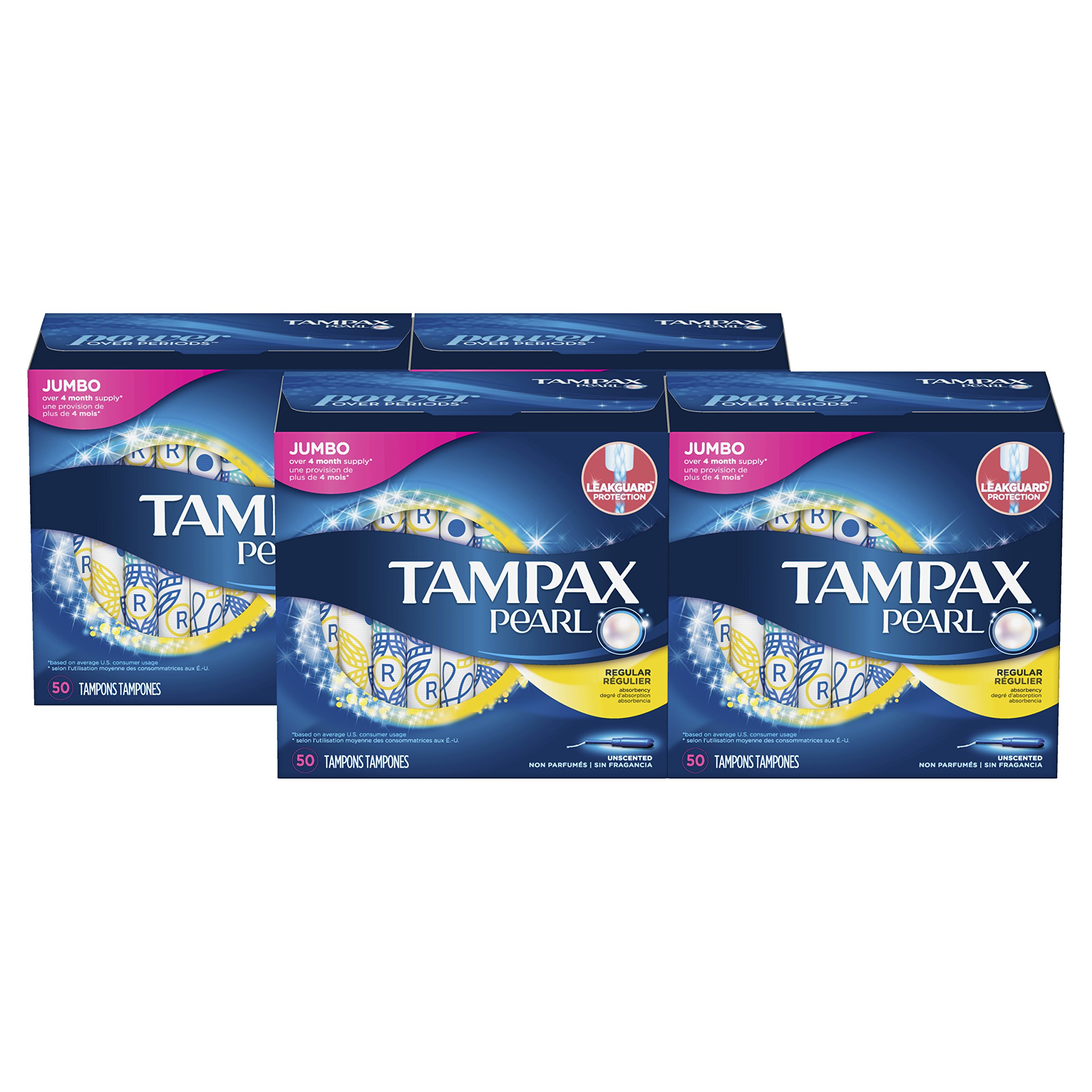 Tampax Pearl Regular Plastic Tampons, Unscented, 50 Count, 4 Boxes, (Total 200 Count)