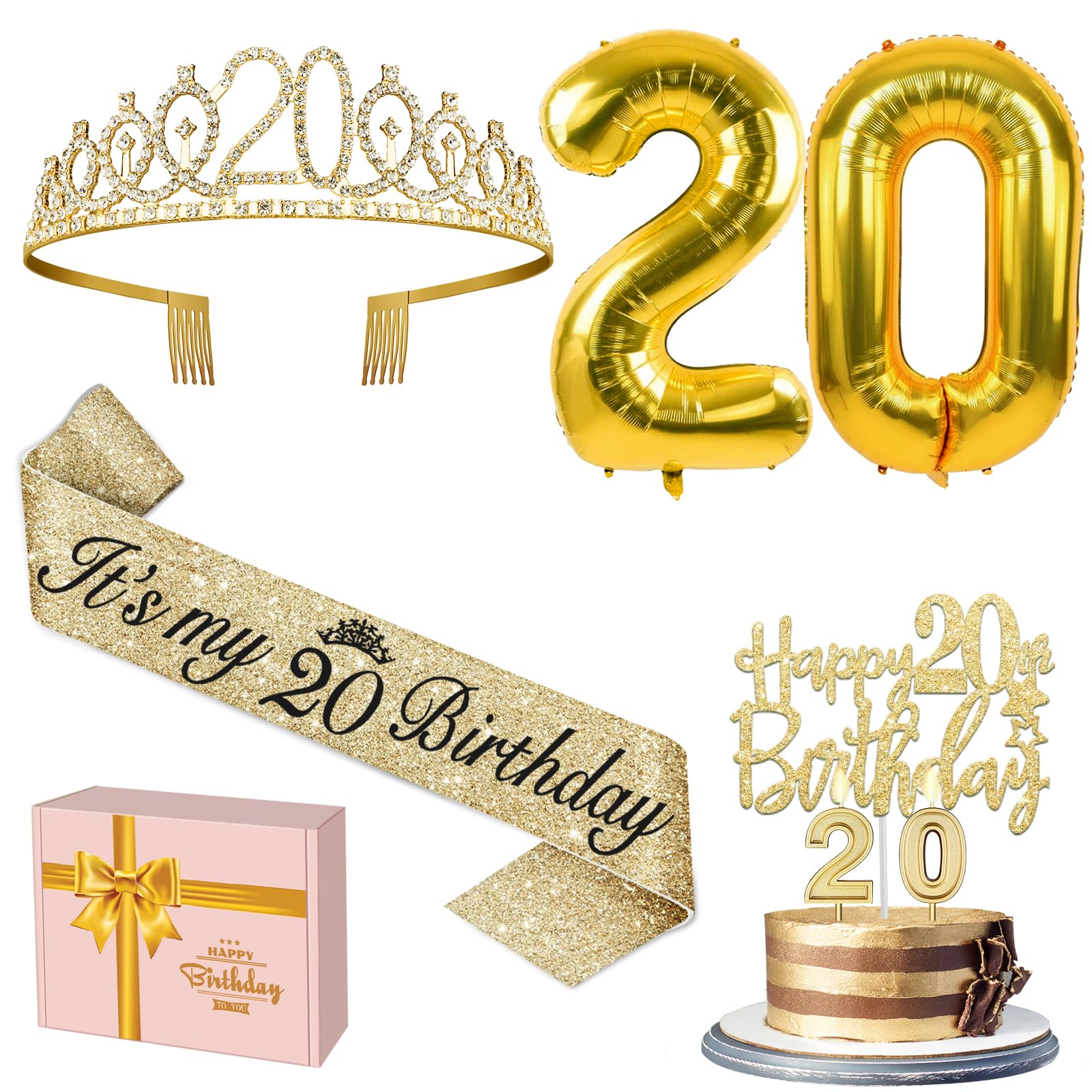 Photo 1 of * only comes with the crown and cake topper *
20th Birthday Decorations for Women Gold with 20th Birthday Tiara and Sash, Cake Topper and Candles, Number Balloons, 20 Year Old Gifts for Women