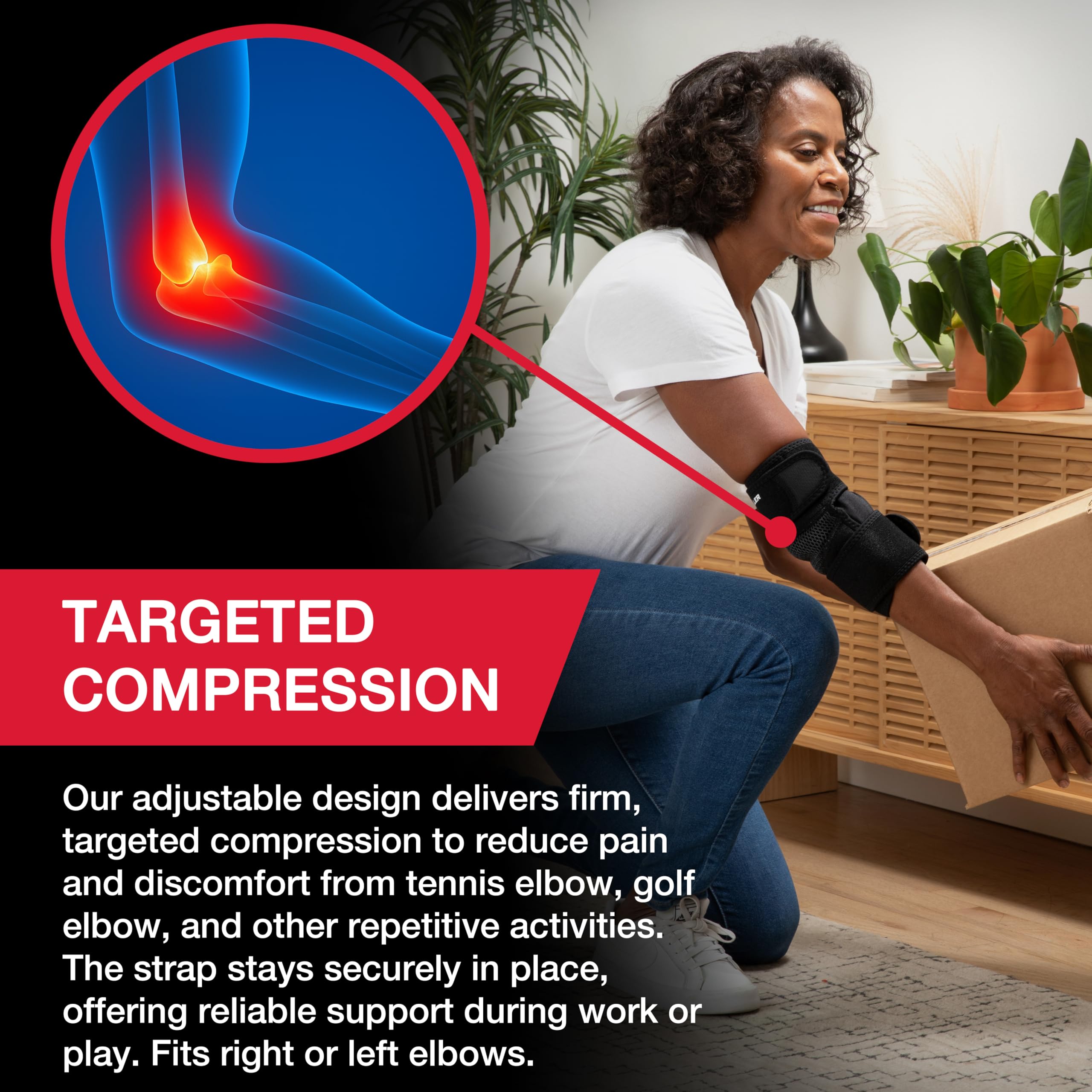 MUELLER Sports Medicine Adjustable Elbow Brace, Elbow Pain Relief Support Sleeve for Men and Women, For Tennis, Golf, Painting, Factory-Line Work, and More, Black, One Size