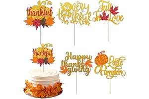 BASEMMAHER 5Pcs Happy Thanksgiving Cake Topper Glitter Pumpkin Fall Maple Leaf Autumn Festival Leaves Cupcake Decor for Boys Girls Thanksgiving Wedding Birthday Theme Party Decoration Supplies