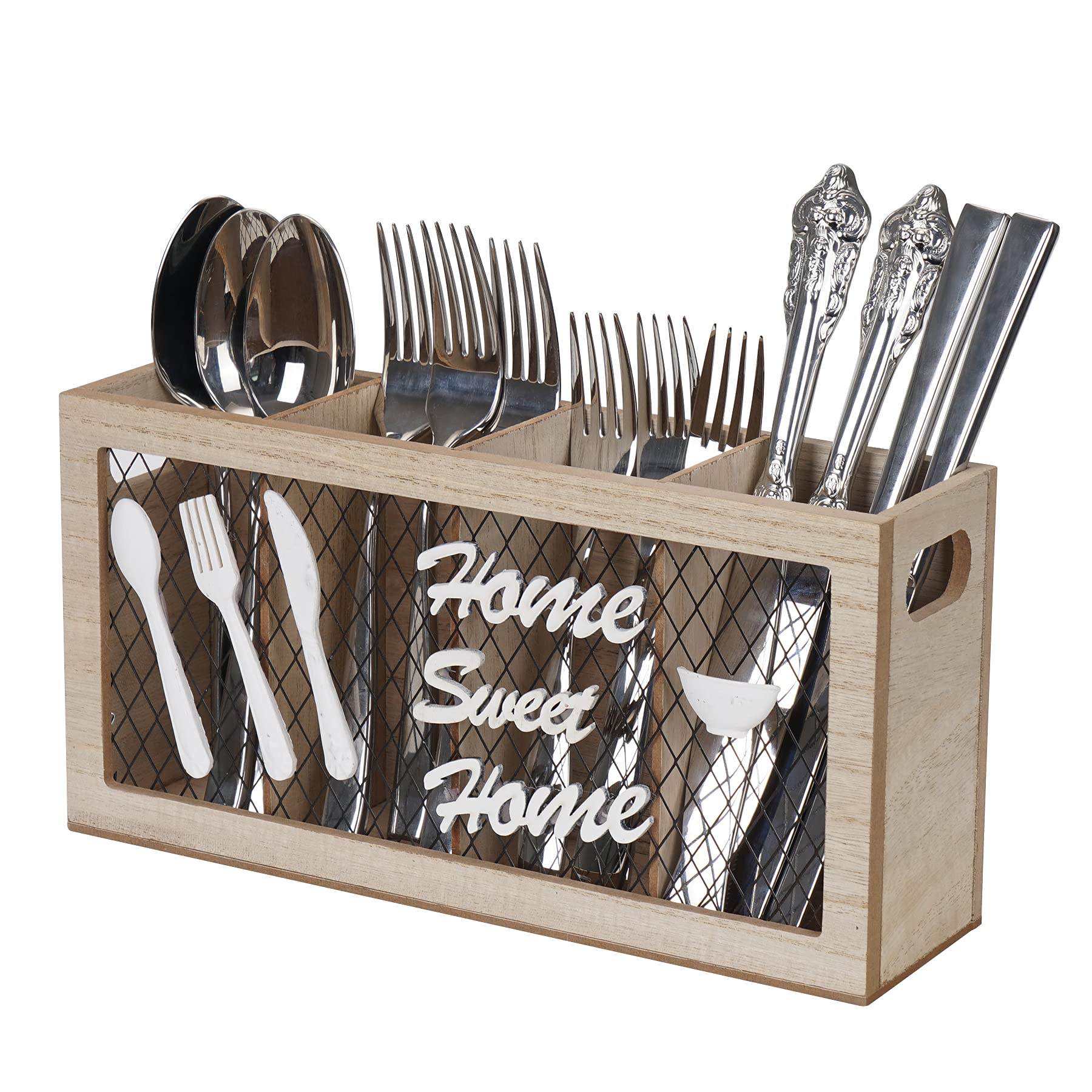 Optyuwah Cutlery Holder Organiser Wooden Kitchen Utensils Holder Cutlery Organiser Caddy, Cutlery Drainer Flatware Tableware Holder with 4 Compartments for Forks, Knives, Spoons, Chopstick