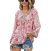 Vogebund Women's Floral Boho Tunic Tops Casual Long Sleeve Loose Beach Blouses Self-Tie V Neck T Shirts