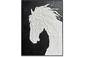 Sofoney - Black Framed Black and White Textured Wall Art Hand Painted 3D Plaster White Horse Oil Painting Modern Minimalist Canvas Wall Decor for Living Room Bedroom - 24"x32"