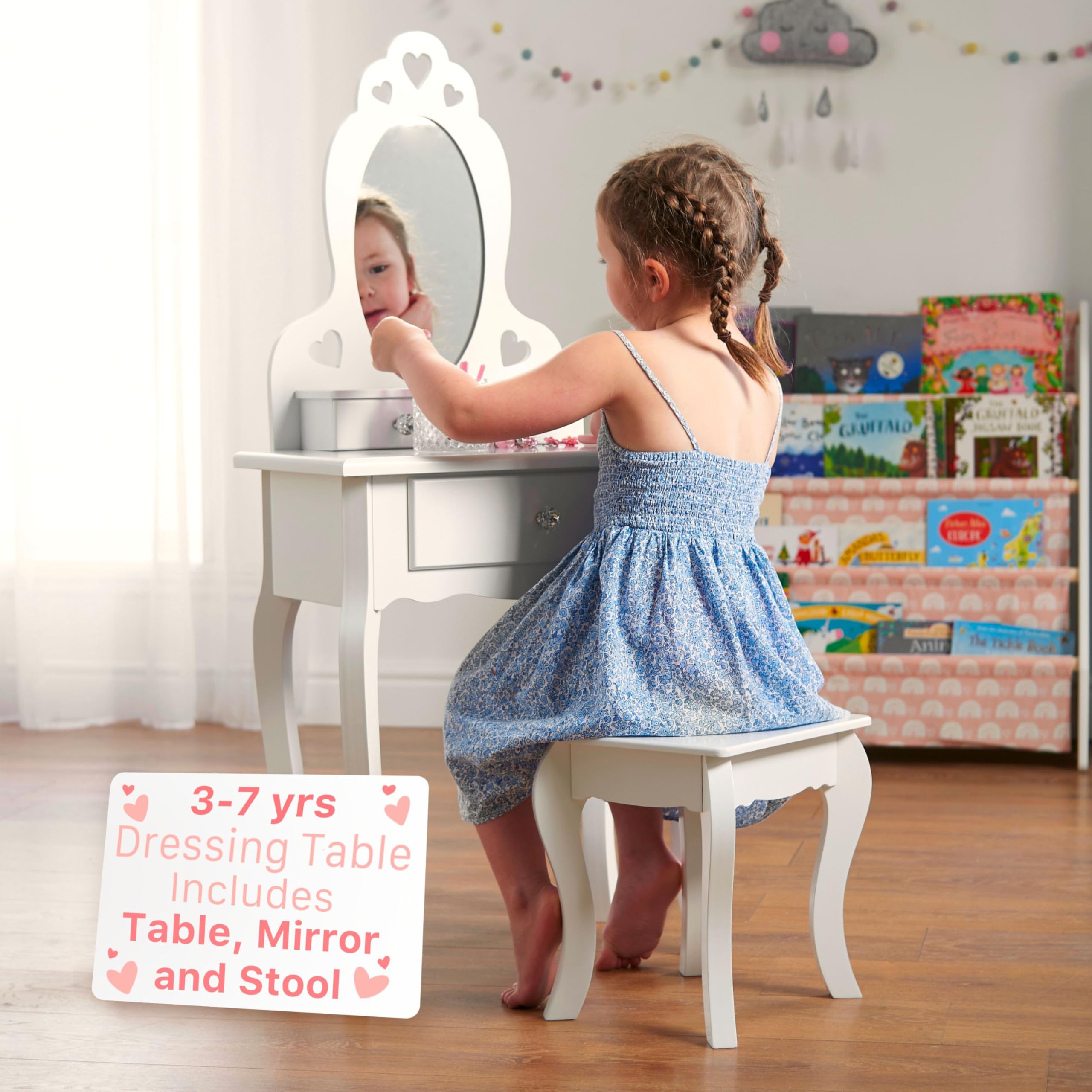 Runesol Girls Dressing Table (Age 3-7yrs) With Mirror and Stool, Ideal Present for Girls, Kids Dressing Vanity Table Set with Crystal Knobs and Chair, Children's Dressing Tables