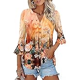 Ivicoer Women's Button Down T Shirts 3/4 Sleeve V-Neck Tops Casual Summer Ladies Tees Ruffle Bell Sleeve Tunic