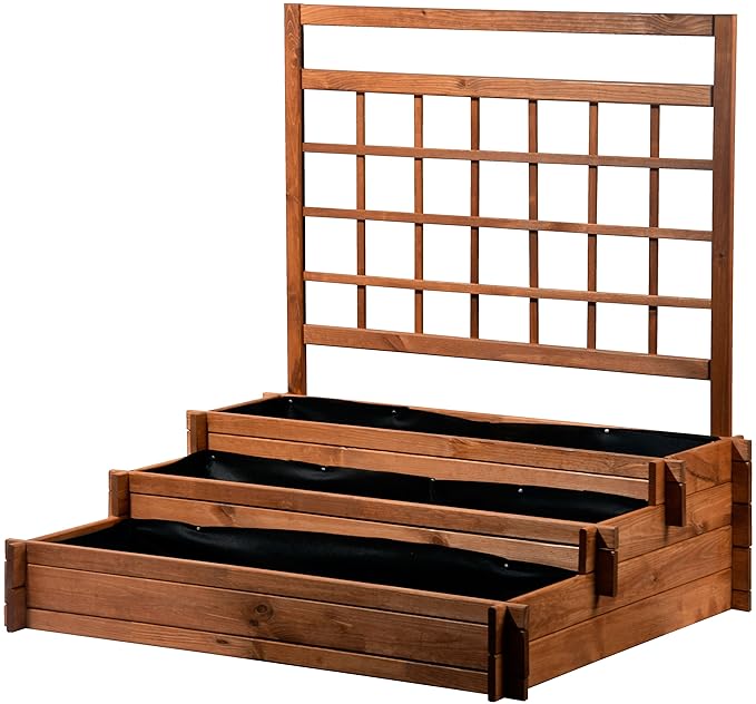 dobar Hochbeet, Drei-Etagen'Peru' aus Holz mit Spalier Rankgitter: Pflanzkasten Frühbeet Bausatz für Gemüse, braun, 110x88x11