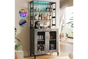 Aheaplus Bar Cabinet with Power Outlets, 67" Tall Wine Bar Cabinet Liquor Cabinet with LED Lights and Glass Holder, Coffee Bar Station for Living Room, Microwave Stand Bakers Rack Cabinet, White Oak