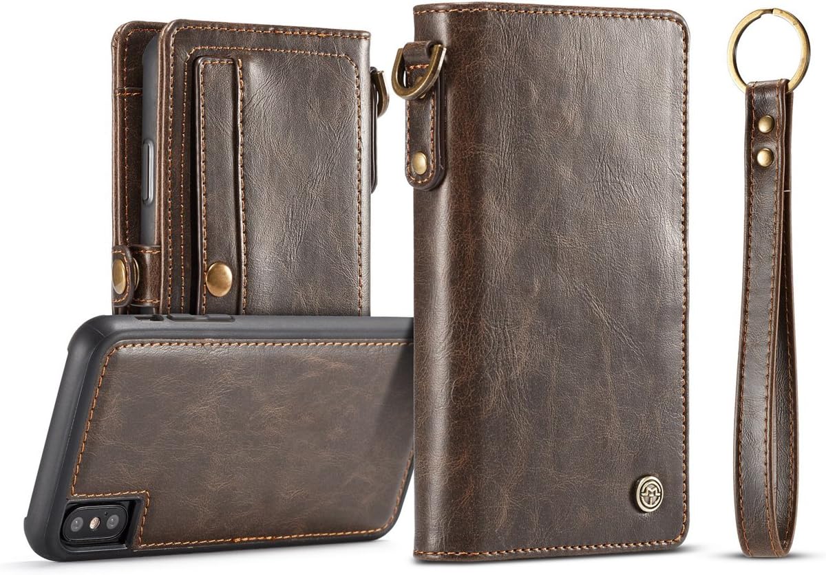 iPhone Xs Wallet,AKHVRS Handmade Flip Folding Leather Phone Case Wallet with Card Slot and Magnetic Case Detachable for iPhone Xs/10 - Brown