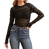 Essrite Womens Slim Fit Lace Mesh Top Crew Neck Long Sleeve See Through Shirt Blouses Tops Fall Outfits 2026