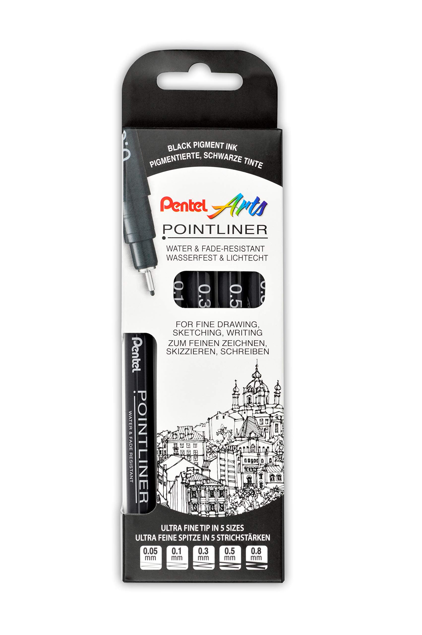 Pentel Point liner S20P-5, set of 5 fineliners, black, waterproof and non-fading, 0.05-0.8 mm