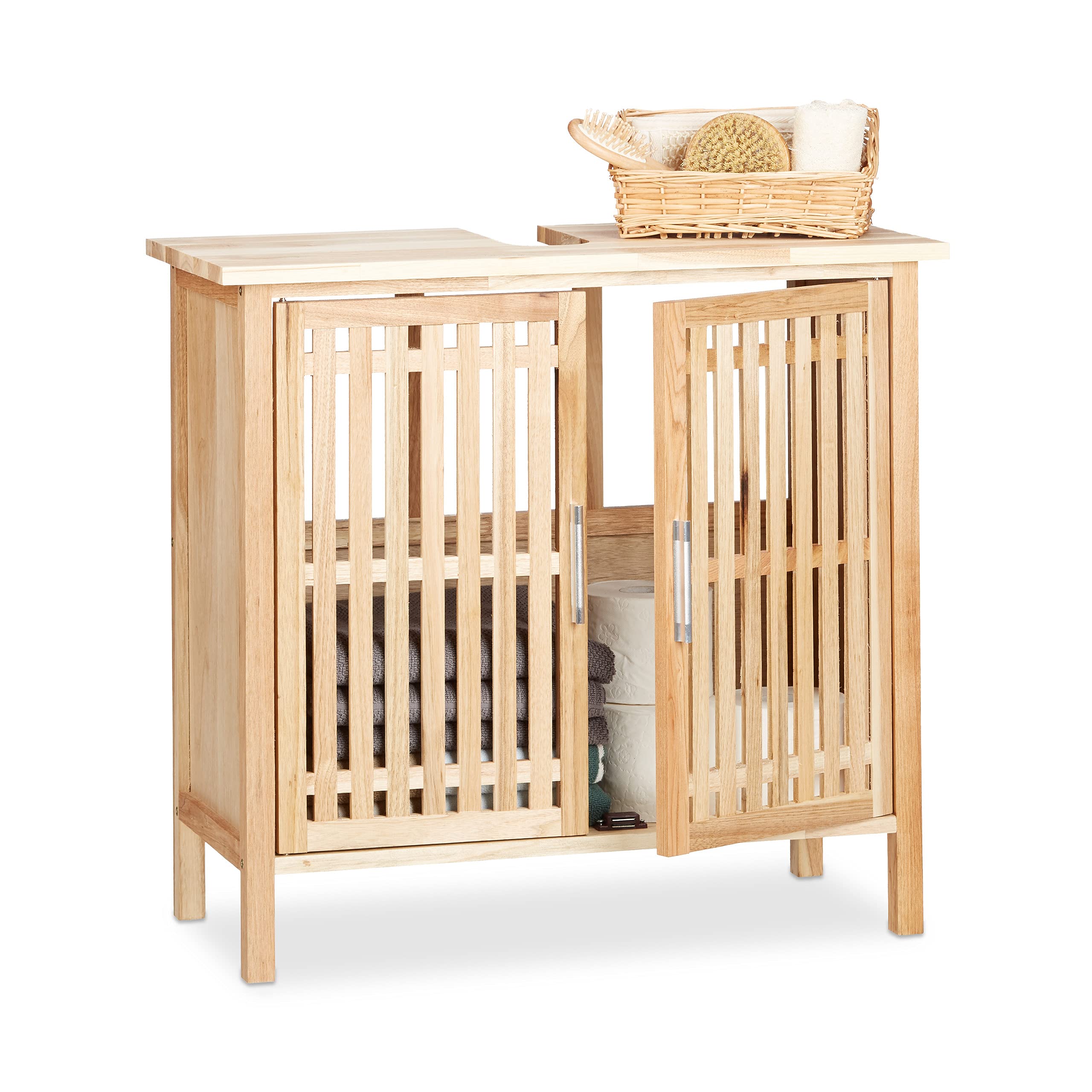 Relaxdays Under-Sink Cabinet Free Standing, Small Walnut Cupboard, Bathroom Wash Basin with Siphon Cut-Out, Natural