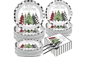 CHUNNIN 200Pcs Buffalo Plaid Christmas Tree Party Plates Napkins Christmas Black White Buffalo Plaid Theme Tableware Set for Xmas Holiday Decoration Dessert Plates Serve 50 Guests for Birthday Party Supplies