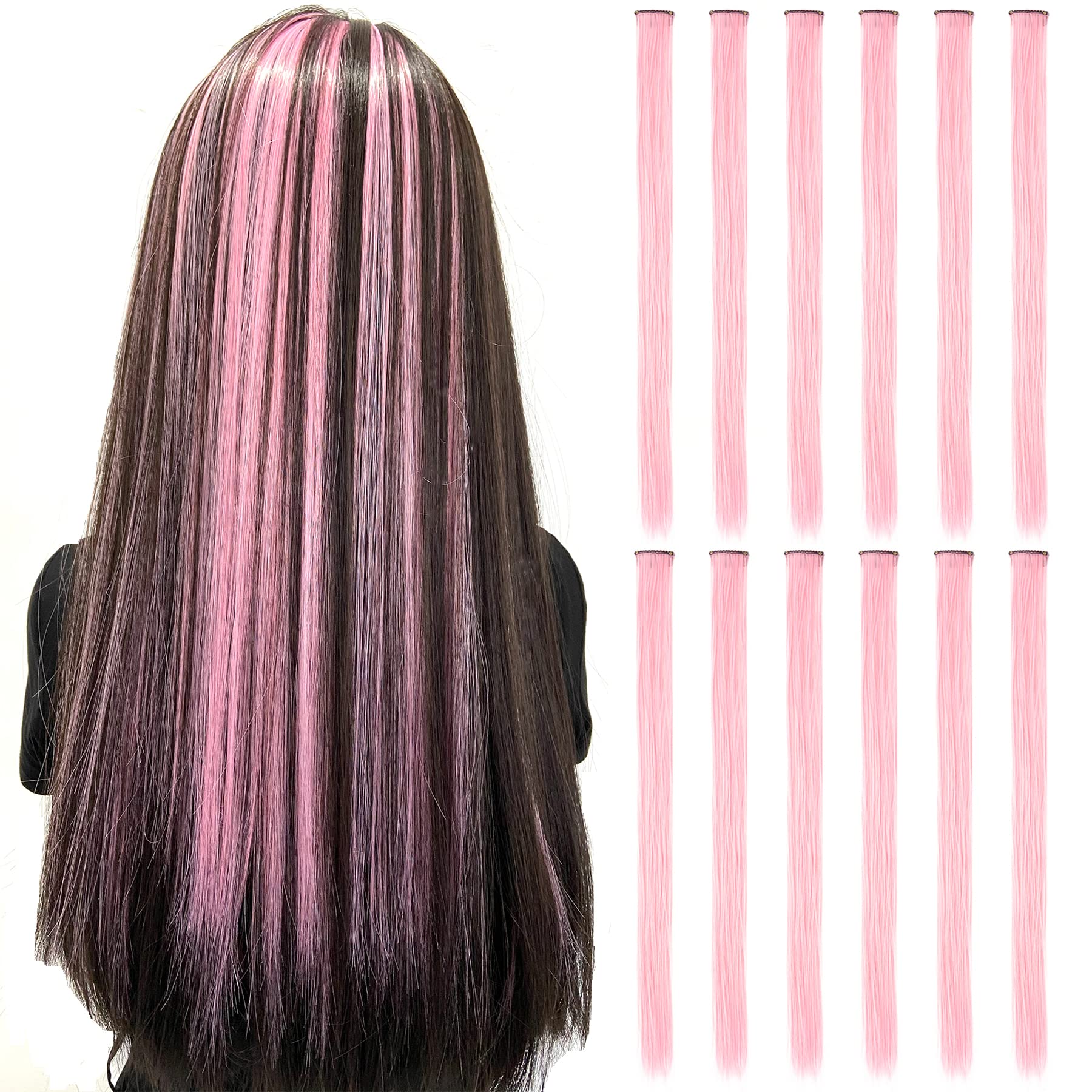 Photo 1 of 12PCS Colored Light Pink Hair Extensions Straight Multicolor Clip in 20 Inch Rainbow Hair Extensions for Kids Women's Gifts Halloween Christmas Party Highlights