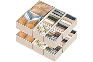 Simple Houseware Foldable Drawer Organizer Set of 12, Beige – Fabric Storage Bins for Clothes, Underwear, Bra, Panty, Socks, Onesies – Closet & Dresser Drawer Dividers for Home Organization