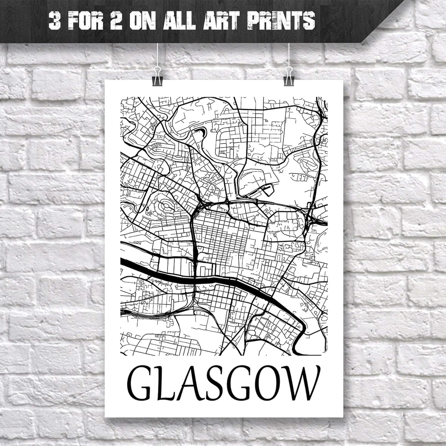 Glasgow City Map Wall Art Poster Prints 3 for 2 on all Art Prints