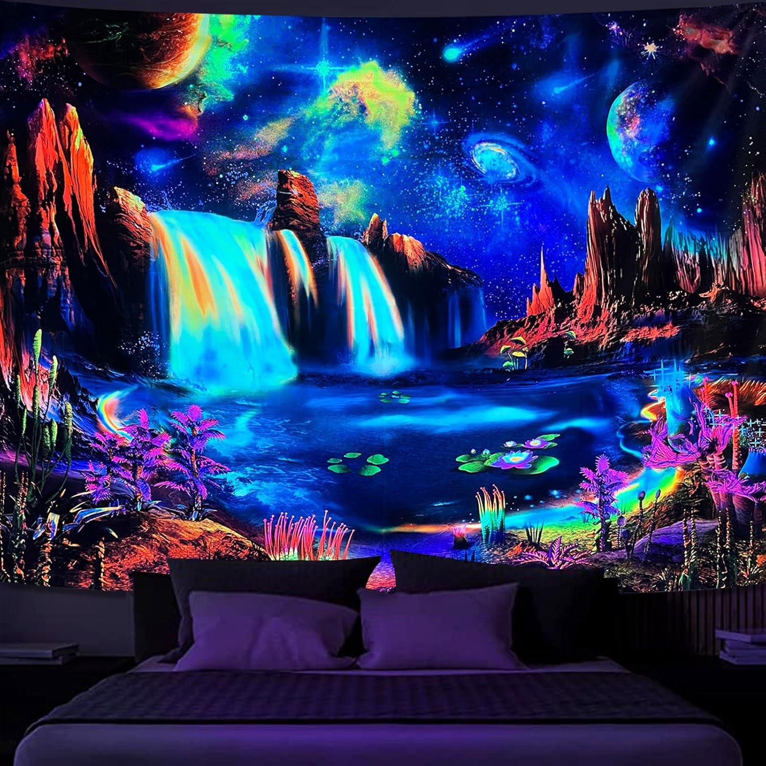Tapestries - Fungarth Blacklight Galaxy Tapestry Planet UV Reactive Space Tapestries Waterfall Landscape Fantasy Mountain Tapestry Wall Hanging Colorful Neon Plants Mysterious Nebula Aesthetic Tapestry for Bedroom Dorm Living Room (Blue, 36.00'' × 48.00'')