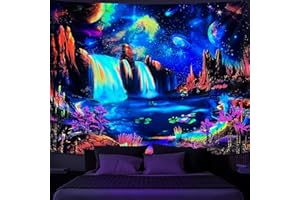 Fungarth Blacklight Galaxy Tapestry Planet UV Reactive Space Tapestries Waterfall Landscape Fantasy Mountain Tapestry Wall Hanging Neon Plants Mysterious Nebula Aesthetic Tapestry for Bedroom Dorm Living Room (Blue, 36.00'' × 48.00'')
