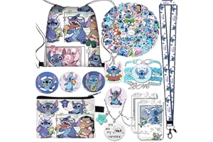 EMISOO Stitch Merchandise Stuff Gift Set for Girls, Stitch Anime Cartoon Drawstring Bag, Keychain Lanyard, Purse, Bracelets, Sticker (C)