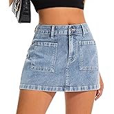 Womens Denim Mini Skirt Stretch Mid Waist Trendy Button Y2k Jean Skirts with Front Pockets
