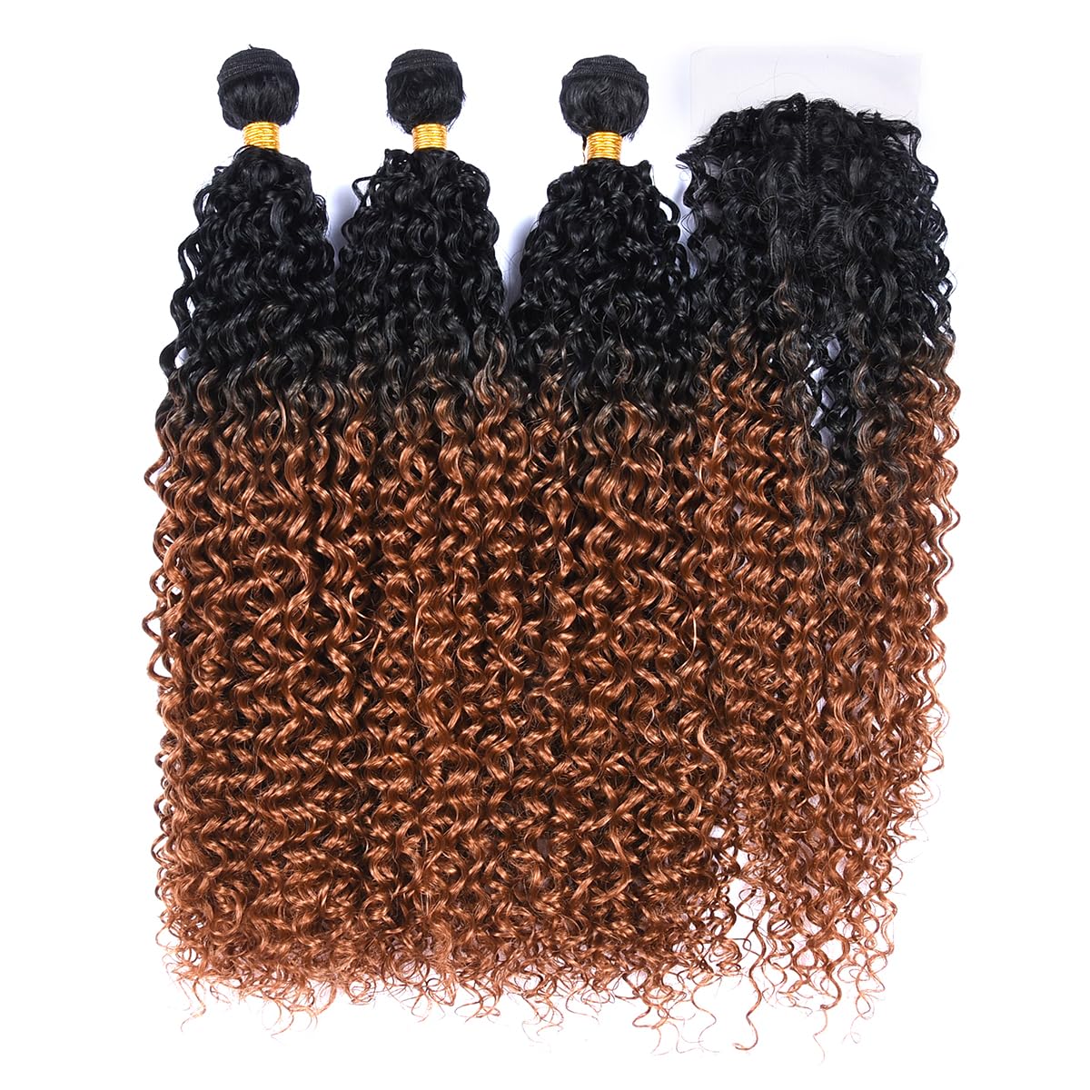 Luovce Synthetic Hair Extension Jerry Curly Synthetic Hair Weave Bundles 3 Bundles 22 inches with one Closure 230 Grams T1b/30 Colour — image 1