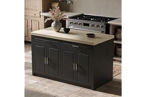 Homsee 61" W Large Kitchen Island with Charging Station, 2 Drawers & Adjustable Shelves, Modern Stationary Kitchen Prep Table Coffee Bar Cabinet for Dining Room, Black & Beige