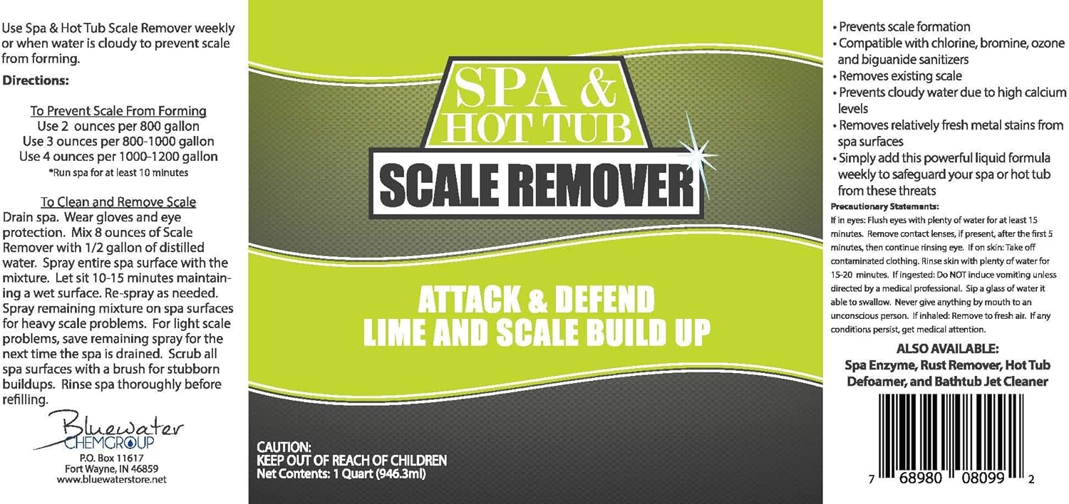 Bluewater Chemgroup Spa & Hot Tub Scale Remover, 32oz, Attack and Defend Lime and Scale Build Up : Garden & Outdoor