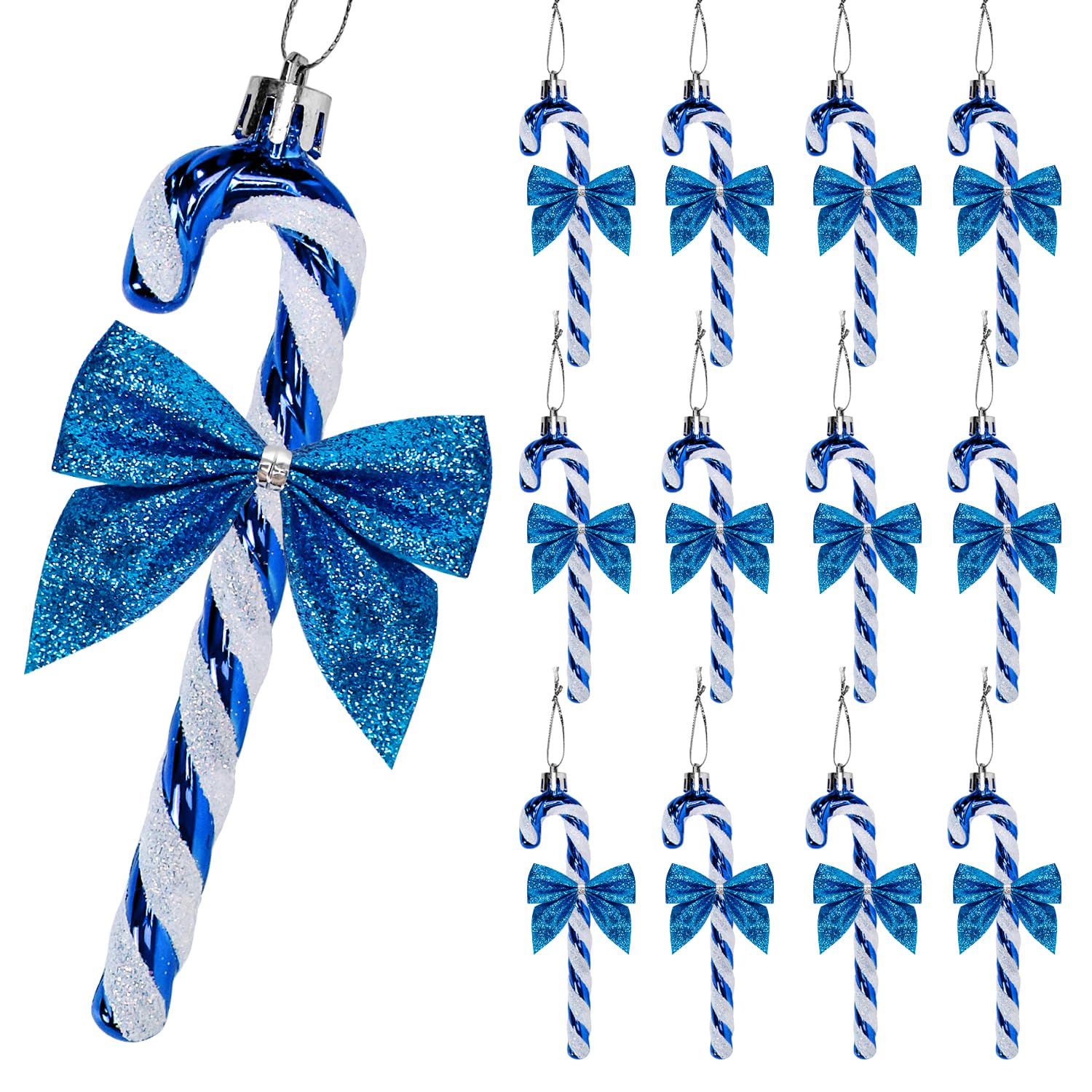 12 Pcs Candy Cane Christmas Decorations,5.5inch Glitter Candy Cane Bows for Xmas Tree Hanging Ornament Holiday Festival Party Home Decoration (Blue)