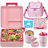 Bento Lunch Box for Kids with 17oz Soup Thermo,Insulated Tumbler Water Bottle and Insulated Lunch Bag,Leak-Proof 3 Compartment Lunch Food Container with Ice Pack for Kids to School-Rainbow