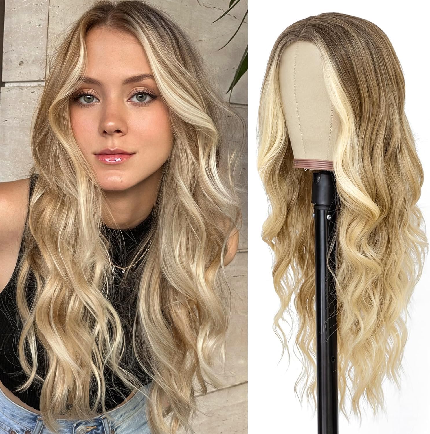 PORSMEER Long Brown to Blonde Highlighted Wigs for Women Ladies Ombre Blonde with Dark Roots Middle Part Natural Looking Loose Wave Synthetic Hair Wig for Everyday or Halloween,26inch