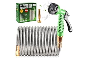 Yereen 304 Stainless Steel Metal Garden Hose 100FT, Garden Hose with 3/4" Fittings and 2 Function Nozzle, Kink Free Flexible Outdoor Water Hose