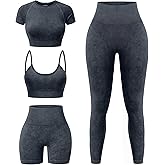 YOAKUKA Women's 4 Piece Workout Sets Seamless Acid Wash Tops Sports Bra High Waist Shorts Leggings Active Set