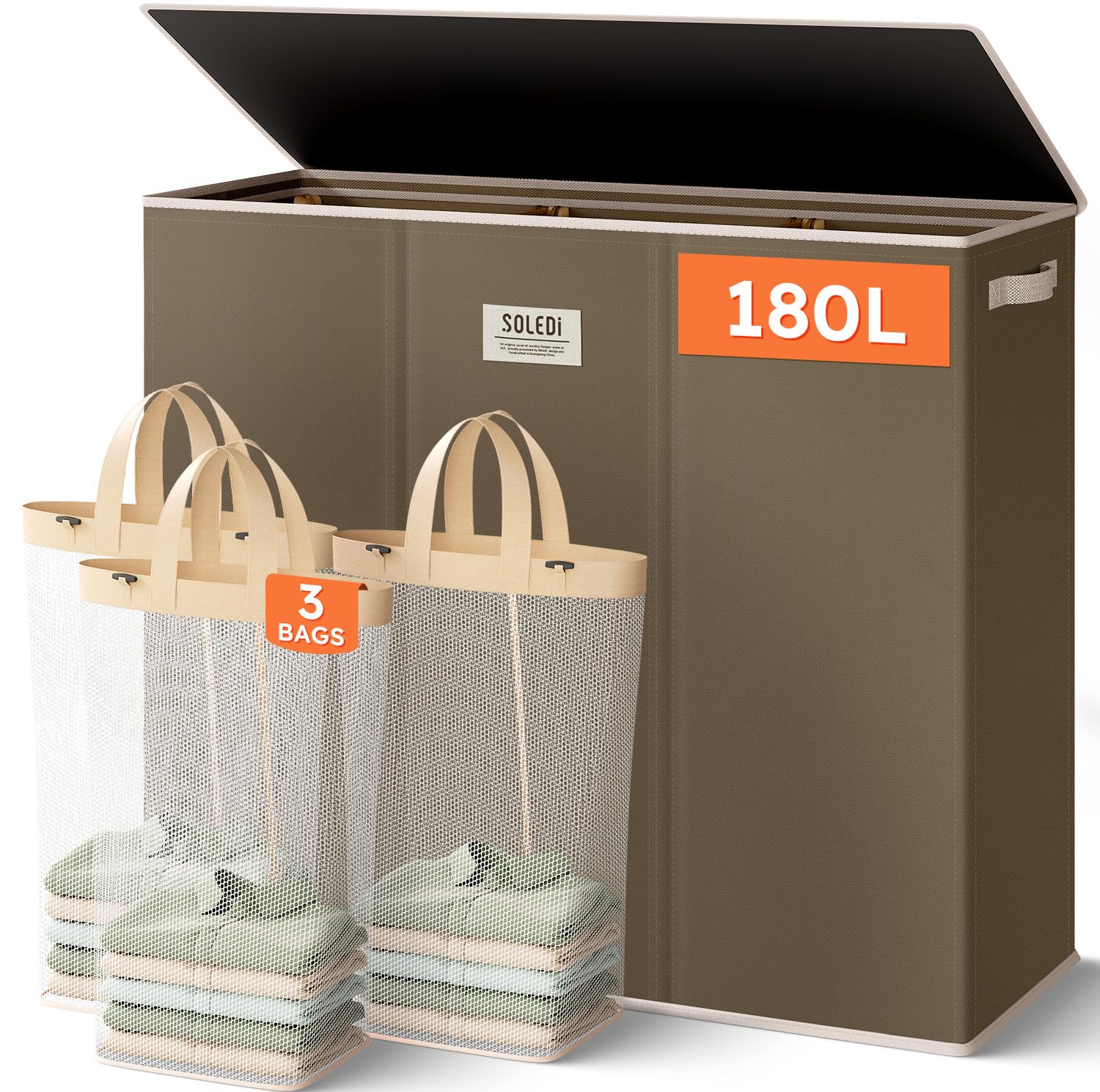 SOLEDI 180L 3-Section Laundry Hamper with Lid, Extra Large Dirty Clothes Basket with Sturdy Handles for Laundry Room & Bedroom - Durable Organizer for Sorting Laundry