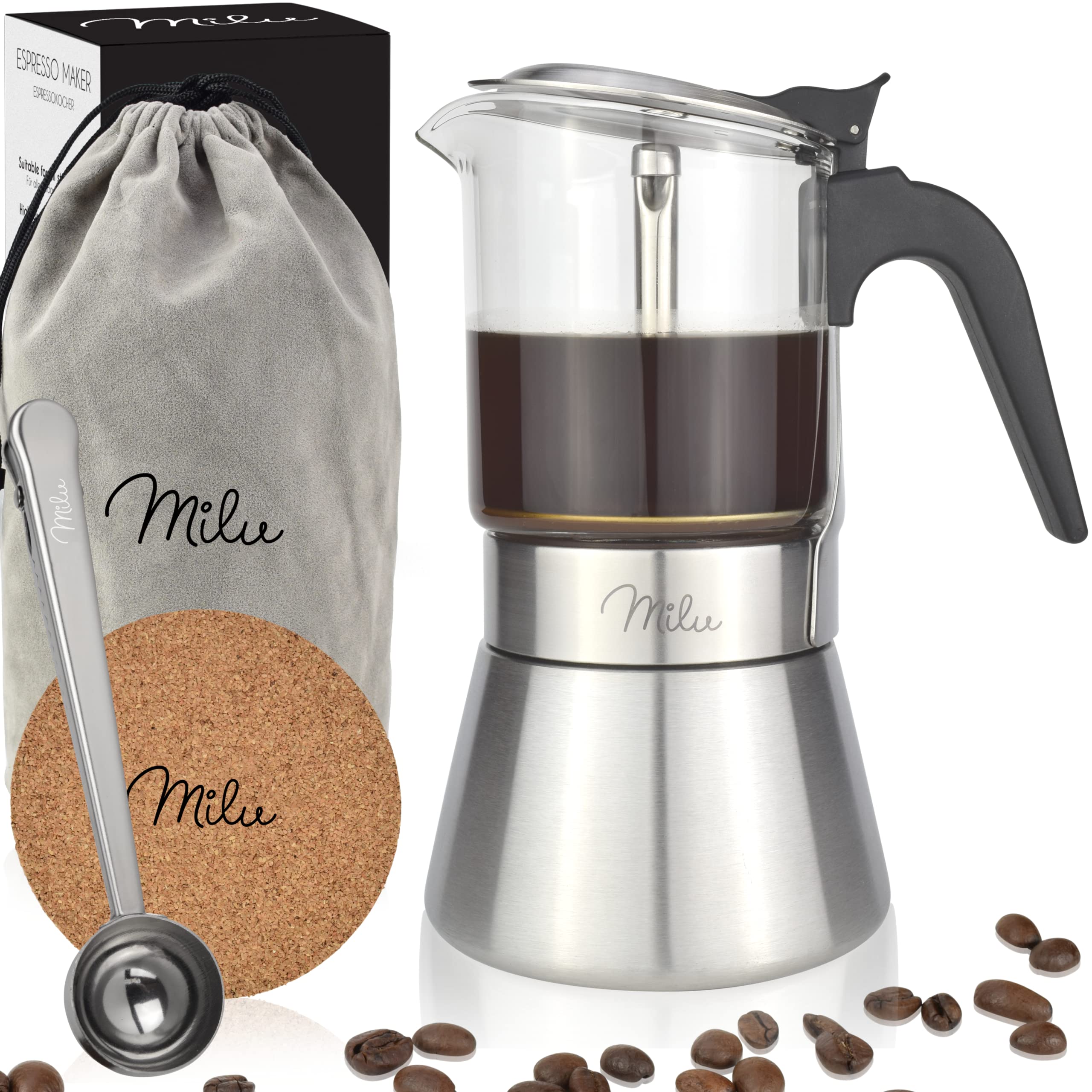 Milu Espresso Maker Suitable for Induction Cookers, 4, 6 Cups, Stainless Steel Glass Mocha Pot, Espresso Maker Set Including Coasters, Spoons, Brush (4 Cups 200 ml)