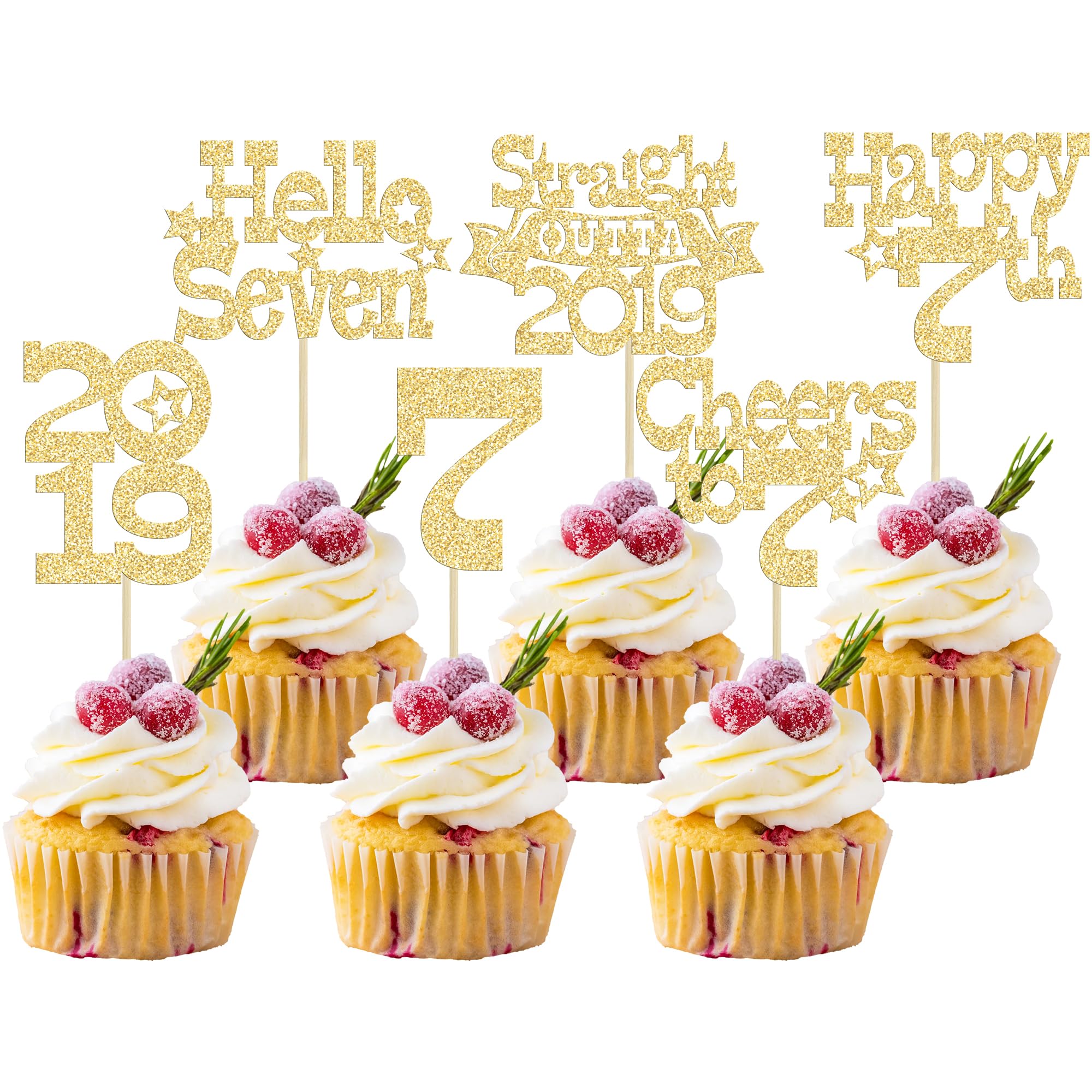 Ephlyn 30Pcs Happy 7th Birthday Cupcake Toppers Glitter Hello Seven Straight Outta 2019 Cupcake Picks Cheers to 7 Years Cake Decorations for 7th Birthday Party Supplies Gold