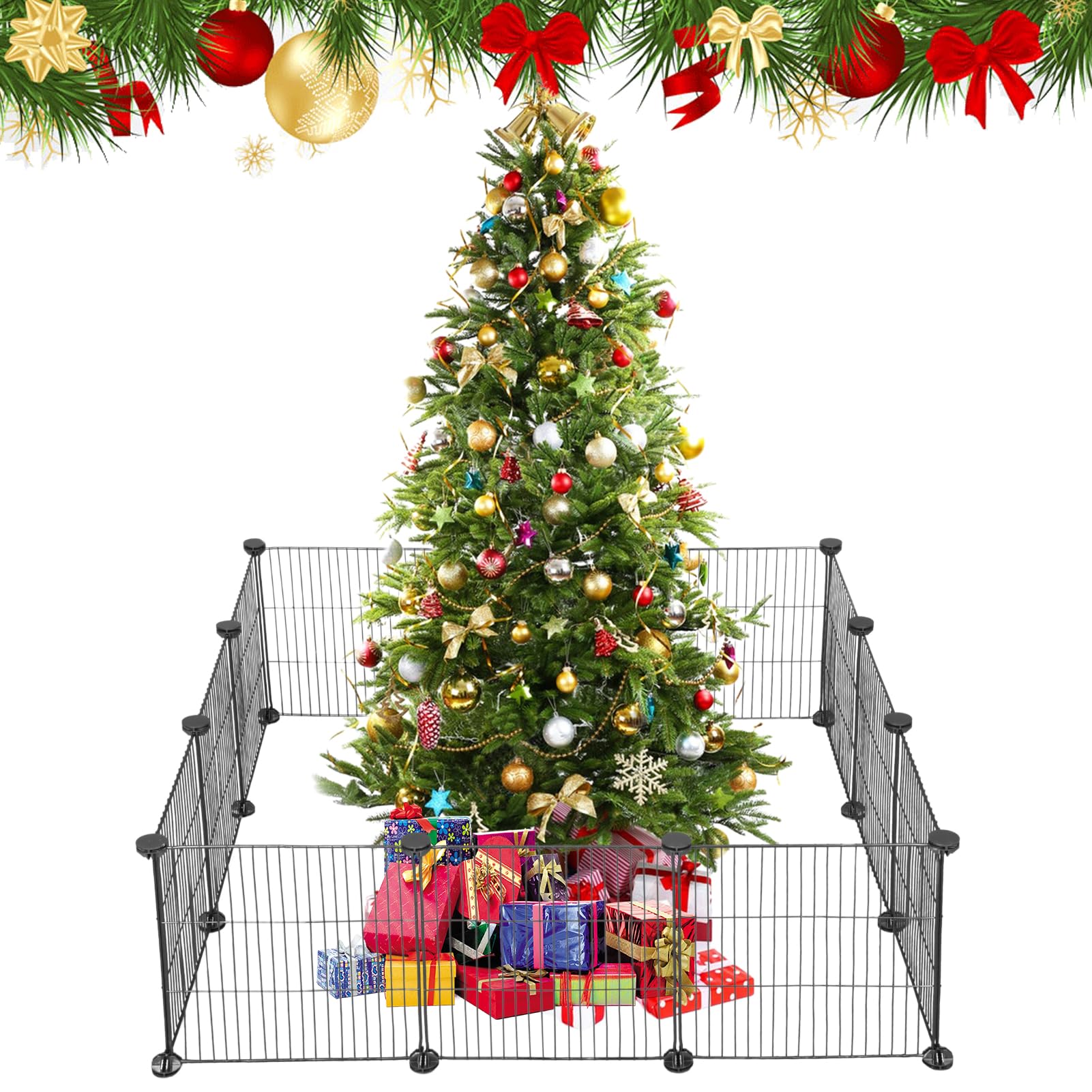 Photo 1 of 12 Pieces Christmas Tree Fences, Metal Christmas Tree Gate Panels Picket Fence Pets Cat Proof Indoor Garden Decoration Fence for Holiday Party Office Home Christmas Decor, Black