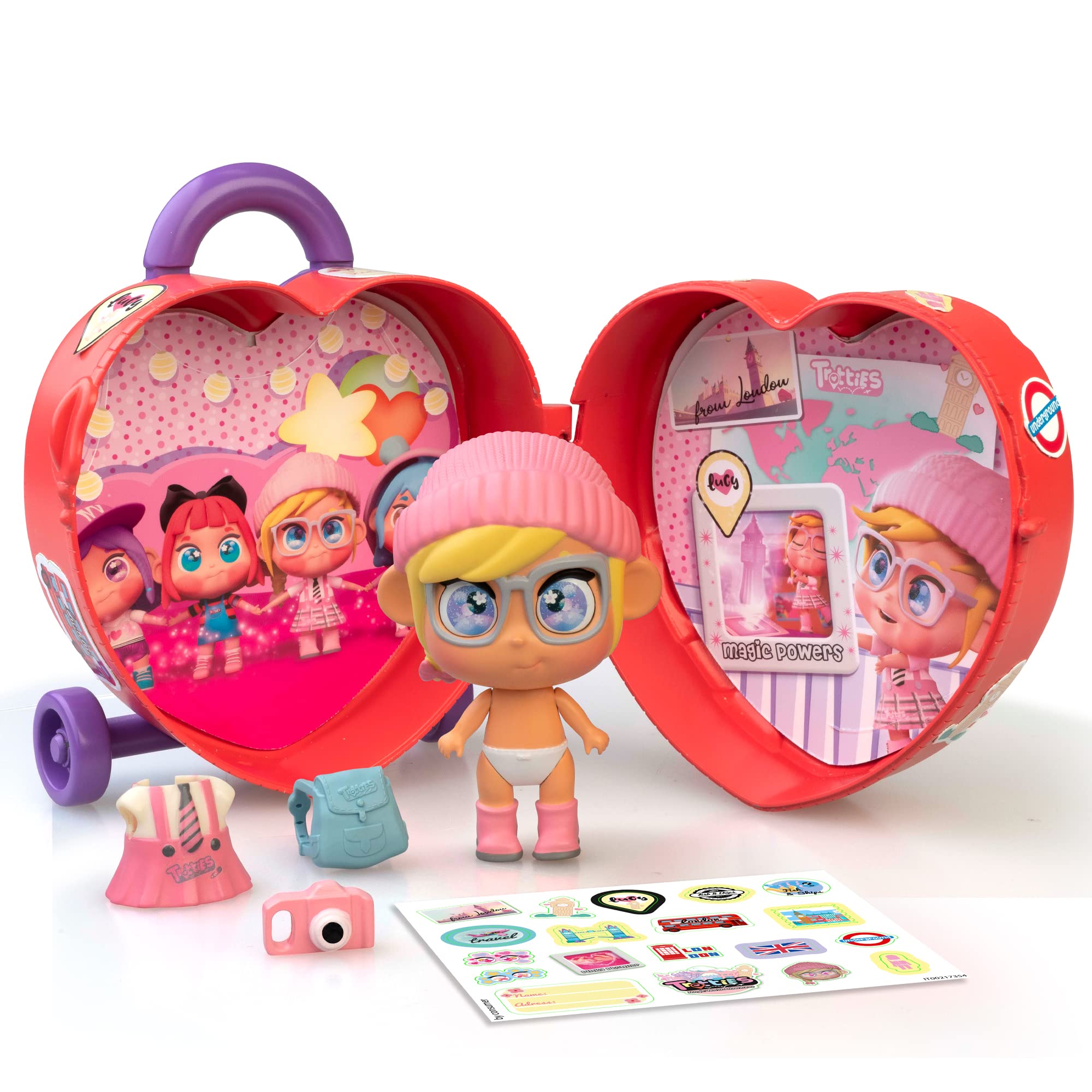 Trotties Mini Lucy with Trolley and Small Suitcase, 1 Doll with Clothes and Accessories, 2 Background Scenarios and Stickers, Store and Take Anywhere, 4 Models, 3 Years and Above