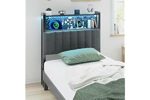 VINGLI Twin or Twin XL Size Headboard, Adjustable Upholstered Headboard with 2 Tier Shelves and Pegboard with Charging Stations and LED Lights, Modern Bed Headboard with Storage for Bedroom Decor